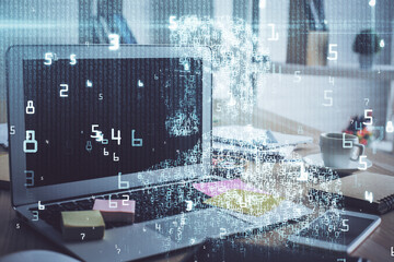 Technology theme drawing and work space with computer. Double exposure. Concept of innovation.