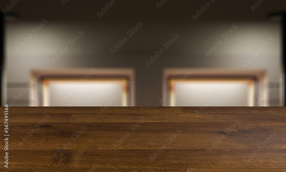 Wall mural blurred interior on a wooden table background.empty storefront. view from the evening street.. 3d re