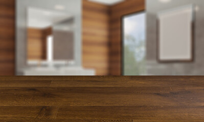 blurred interior on a wooden table background.Bathroom with wood paneling on the walls. modern sink. marble floor. 3D rendering.. Blank paintings.  Mockup
