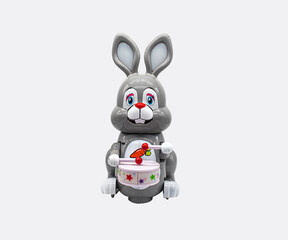 Rabbit with drum, happy gray bunny toy on white background, Isolated, Front view.