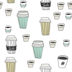 Abstract seamless pattern with hand drawn coffee to go cups. Beautiful modern texture with chaotic painted elements. Multicolored background for your web design, backdrops, wrapping