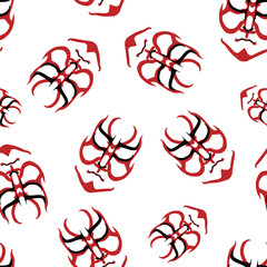 Vector Japanese drama Kabuki face seamless pattern background. Red and black theatre masks scattered on white backdrop. Hand drawn stylised aragoto illustration. All over print for far east concept