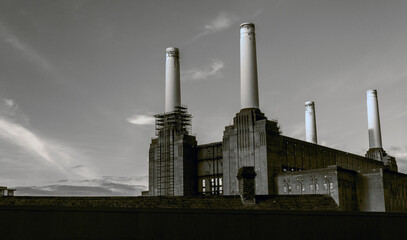 Battersea Power station in London UK prior to refurbishment. In black and white.