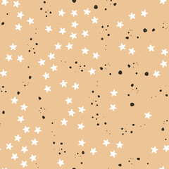 Abstract seamless pattern with Brush Strokes geometric star elements. Beautiful modern texture with chaotic painted shapes. Monochrome background for your design.