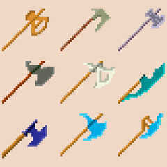 A set of nine pixel axes. Image for icons, games, sites and more.