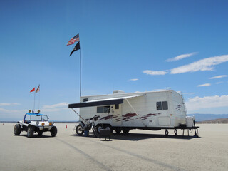 Off road buggy & motorcycle & caravan trailer at El Mirage Lake