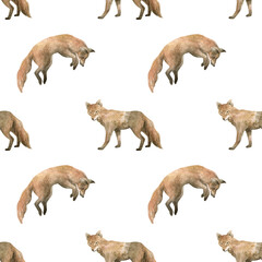 Watercolor seamless pattern with cute fox. Hand-drawn foxes isolated on white background. Jumping animal
