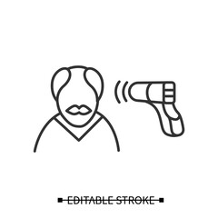 Senior man temperature check icon. Forehead heat measurement with wireless digital infrared thermometer line pictogram. Covid pandemic aged persons health safety illustration . Editable stroke vector