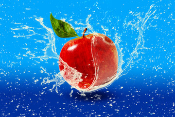Red apple splashing in juice on a blue backgrond