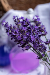 Small vintage vase with bunch of fresh purple  aromatic lavender flowers in gift shop in Provence, France
