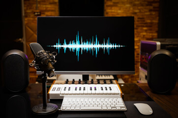 microphone and waveform on display. music production, broadcasting, live streaming concept