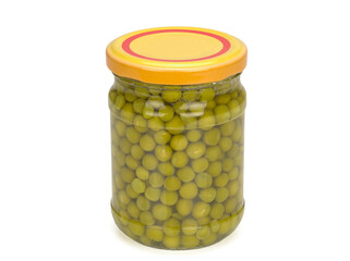 Canned green peas on a white background