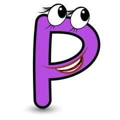 Funny hand drawn cartoon styled font colorful letter P with smiling face vector alphabet illustration isolated on white