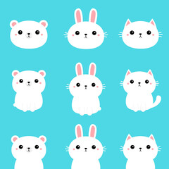 Fototapeta premium White rabbit bunny, polar bear, cat, kitten, kitty. Kawaii cartoon character set. Cute funny head face. Baby greeting card template. Notebook cover, tshirt. Blue background. Flat design.