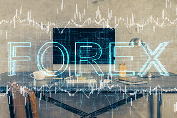 Multi exposure of chart and financial info and work space with computer background. Concept of international online trading.