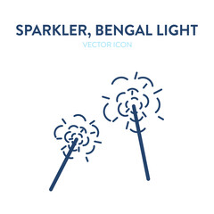 Sparkler icon. Vector outline illustration of an ignited bengal light creating bright fire flashes. Bengal light icon