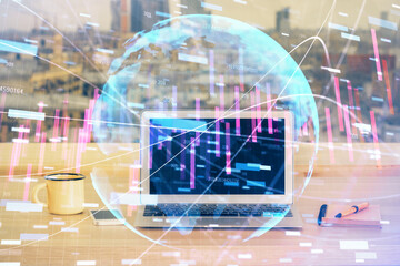 Multi exposure of forex graph and work space with computer. Concept of international online trading.