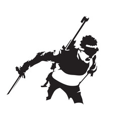 Biathlon racer logo, isolated vector silhouette, ink drawing. Winter sport athlete