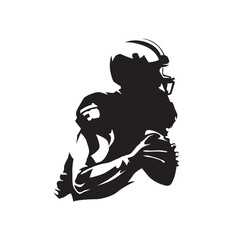 American football player holding ball, isolated vector silhouette, ink drawing logo