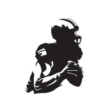 American football player holding ball, isolated vector silhouette, ink drawing logo