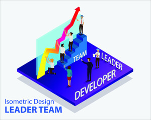 leader teamwork isometric concept, infografic ilustration, management team, analysis team.