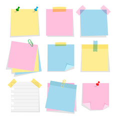 Post note stickers template isolated on white background. Set of cartoon color bookmarks. Paper adhesive tape with paper clips and push pins.