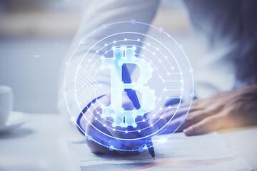 Businessman with hands background. Crypto currency concept.