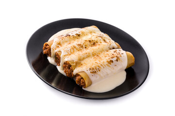 Delicious meat cannelloni pasta isolated on white background