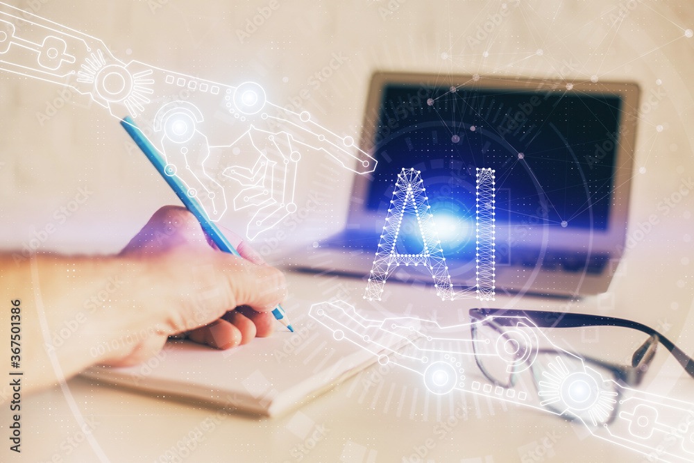 Poster Writing man with technology icons. . Double exposure. Network and data concept.