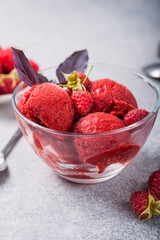 Organic raspberry Sorbet Ice Cream Balls in glass Ready to Eat. Organic Food.