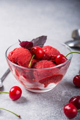 Organic cherry  Sorbet Ice Cream Balls in glass Ready to Eat. Organic Food.
