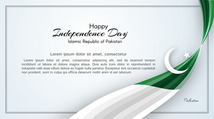 Pakistan flag theme Card with waveform ribbon color of the national flag of Pakistan Text of Happy Independence Day For card banner on holiday flag theme National pakistani patriotic background Vector