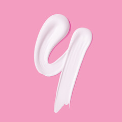 Numeral 4. Cosmetic white cream smeared number Four paint stroke isolated on pink background. 3d rendering
