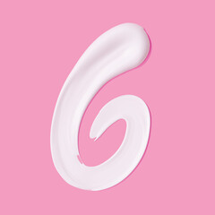 Numeral 6. Cosmetic white cream smeared number six paint stroke isolated on pink background. 3d rendering
