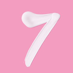 Numeral 7. Cosmetic white cream smeared number Seven paint stroke isolated on pink background. 3d rendering