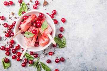 Homemade Vegan Cherry Popsicles in bowl with Coconut Milk, basil. Summer food concept top view
