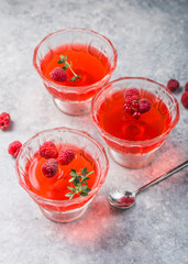 Raspberry jelly garnished with fresh raspberries and thyme on a light background.