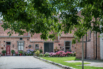 Traditional old terraced houses with front yard in the Netherlands in small town Buren, July 2020