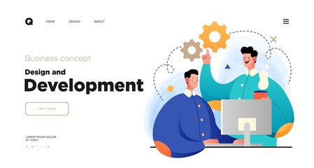 Design and Development. Landing page template with Programmer or designer working in a company office. Website design