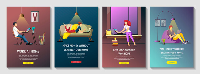 Set of flyers with people working or learning at home. Freelance, work at home, online job, home office, e-learning concept. A4 Vector illustrations for poster, banner, cover, flyer.