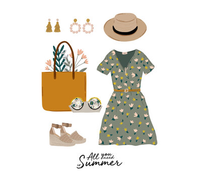 Summer fashion outfit set. Trendy woman clothes, underwaer, swimsuit, hat, bag, shoes, accessories. Beauty quotes. Vector illustration.
