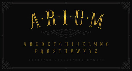 Vintage gold font. Vintage typeface for labels, logo, headline, advertising, signboard. Latin alphabet in retro  style. Old fashioned typeset. Glitter gold letters. Vector illustration.