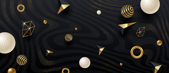 Abstract vector background. Black and golden geometric shape and elements on black abstract striped background with golden halftone. Vector illustration.