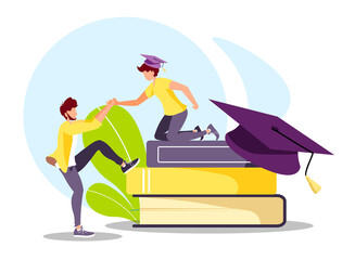 Men with graduate caps and books. Studying, training, education, e-learning, courses, university, graduating. Isolated vector illustration for poster, banner, cover.