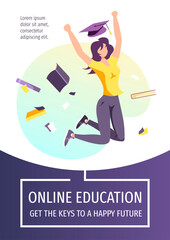 Flyer design for Studying, training, education, e-learning, courses, university, graduating. Woman with graduate cap and books. A4 vector illustration for poster, banner, flyer.