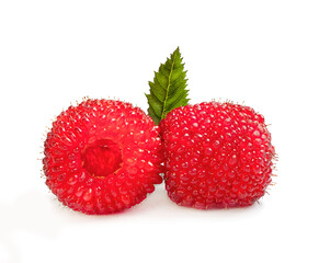 raspberry  Japanese with green leaves on a white background