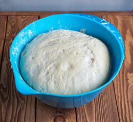 Ready yeast dough for baking in a deep blue bowl