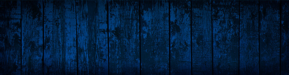 Blue wood texture. Dark blue wooden background. Grunge banner with toned texture of old painted shabby boards.