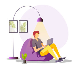 Young man working or studying at home in a beanbag chair. Home office online freelancer working job at home, E-learning and chatting concept. Isolated vector illustration for poster, banner, cover.