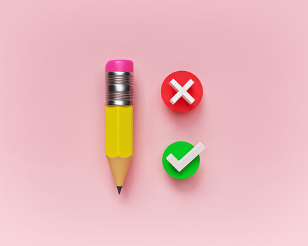 Feedback, Survey Concept. Pencil With Tick And Cross Icon. Minimal Design. 3d Rendering